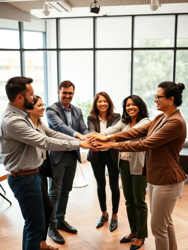 A group of individuals collaborating on a project during a team-building workshop, emphasizing teamwork and leadership skills in workforce development.