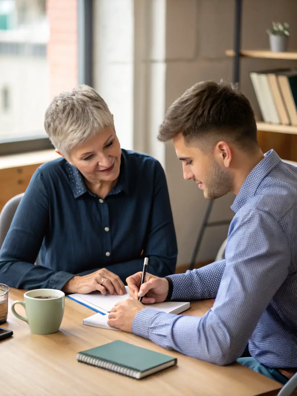 A young professional receiving guidance from a mentor during a career development session, emphasizing personalized support and growth opportunities.