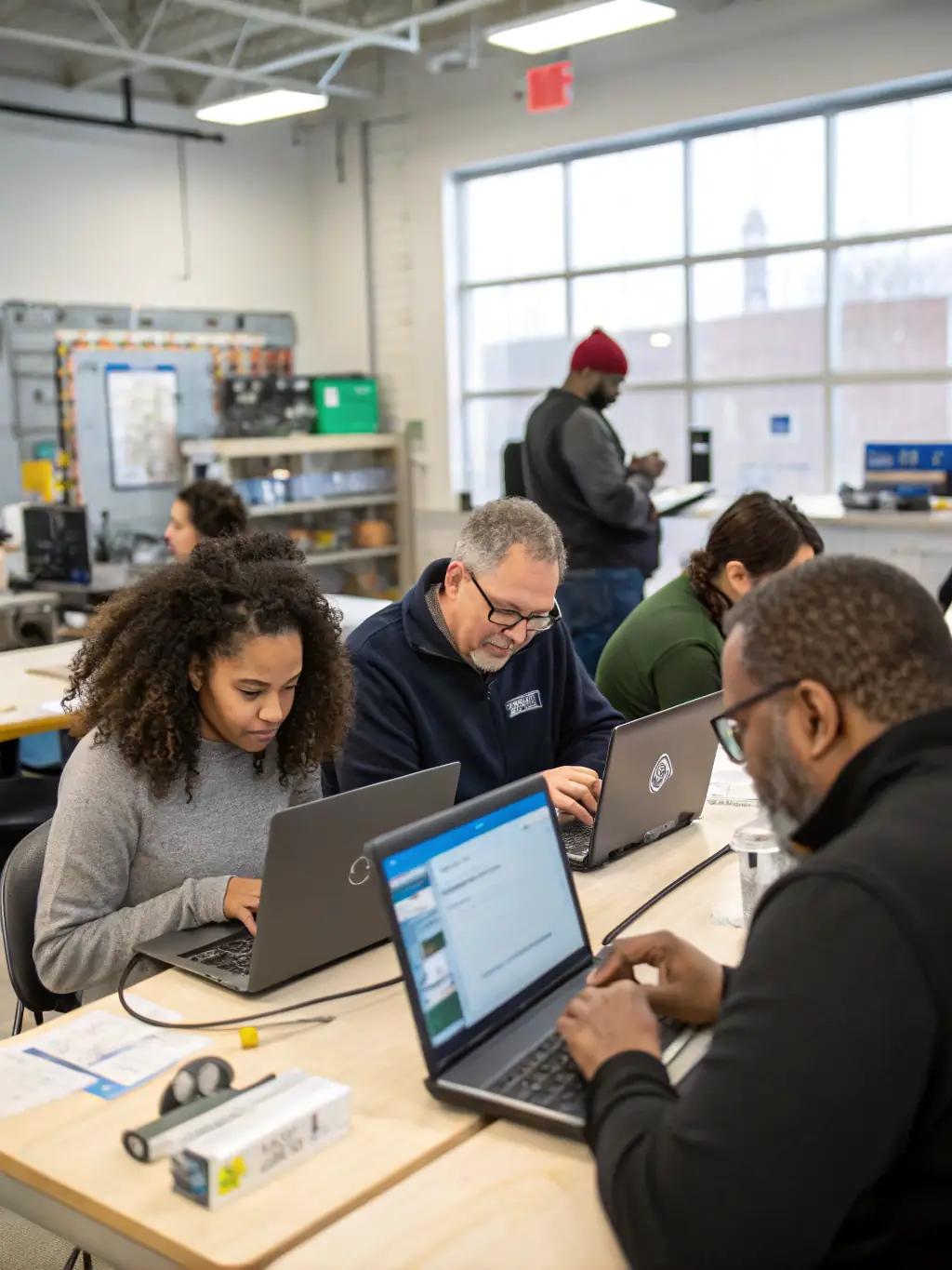 A diverse group of adults participating in a hands-on job training workshop, focusing on technical skills, with modern equipment in the background, showcasing workforce development in action.